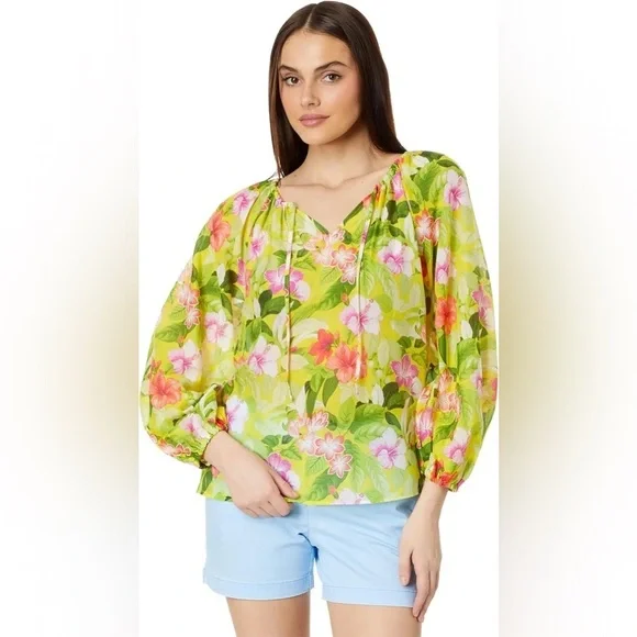 NWT Tommy Bahama silk blend happy hour yellow floral peasant top sz xl - Picture 2 of 10